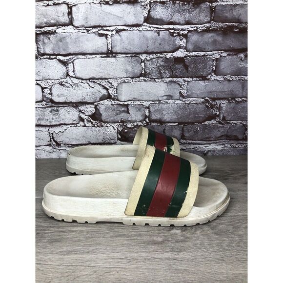 GUCCI Web White Rubber Logo Casual Slides Designer Sandals Men’s Sz 11M US/44EU - Picture 3 of 16